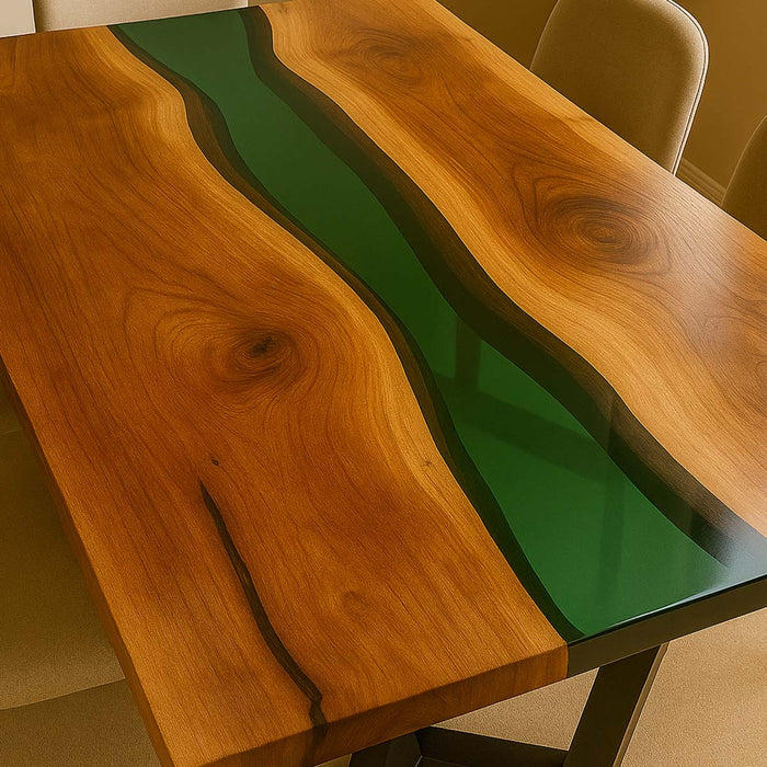 Wooden table with green resin inlay