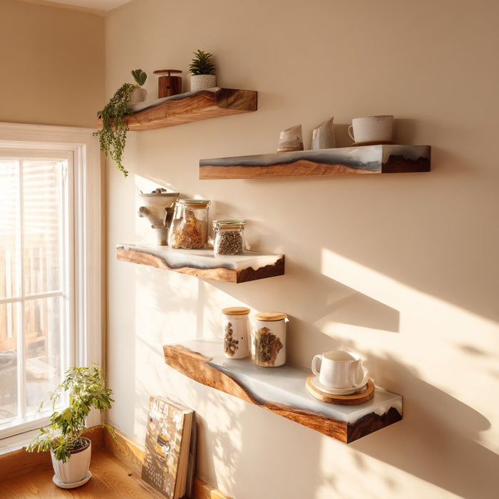 Handcrafted epoxy floating shelf made from natural walnut wood.