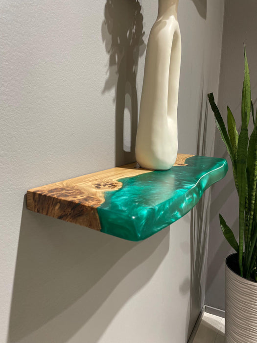 Handcrafted epoxy resin and wooden floating shelf with brackets