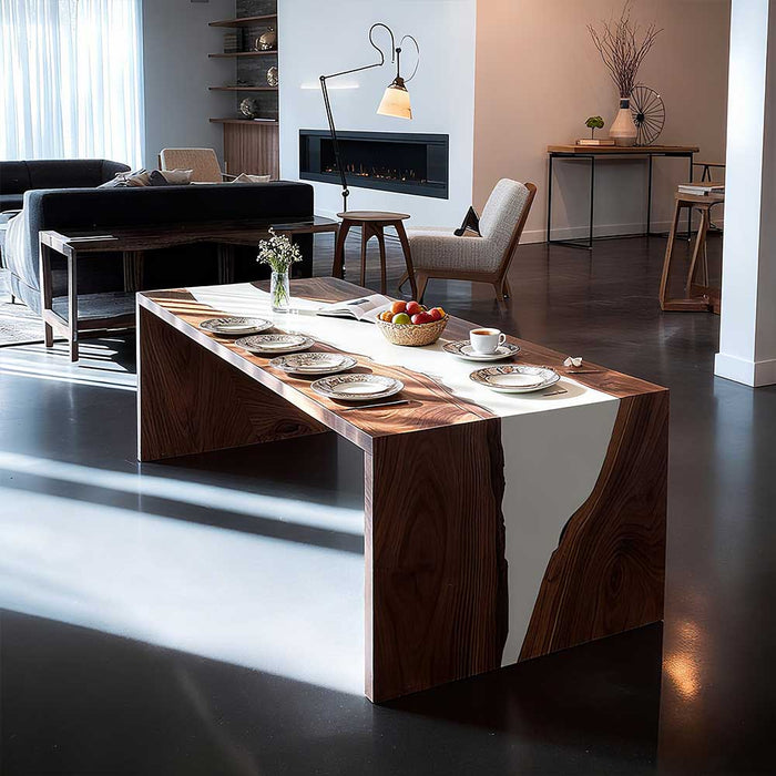 Modern living room with a wooden dining table set for four.