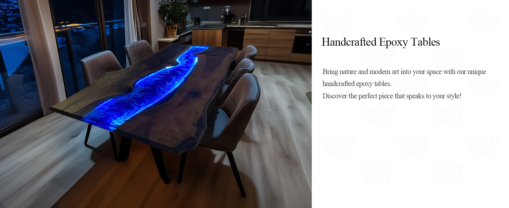 A handcrafted epoxy table blending natural wood and modern resin art, bringing elegance and uniqueness into any living space.