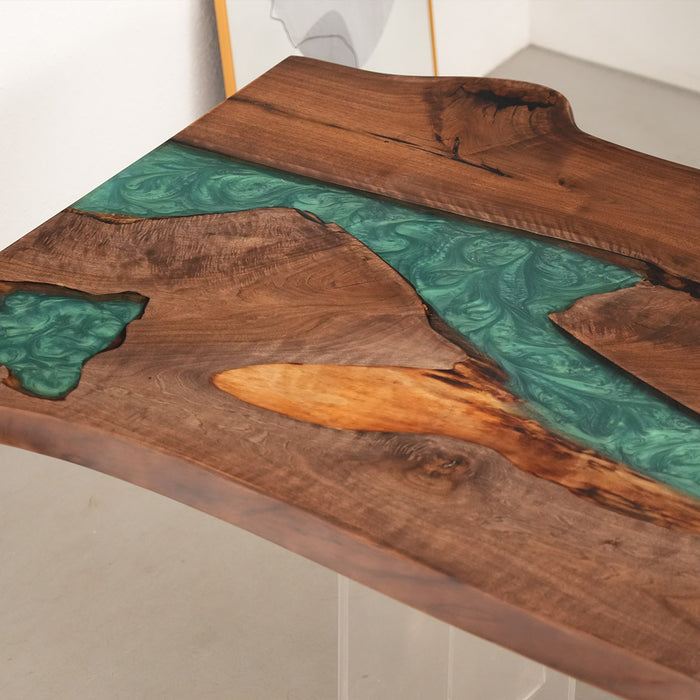 Handcrafted walnut dining table with artistic green epoxy river