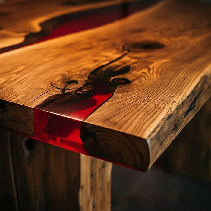 Wooden table with red resin inlay