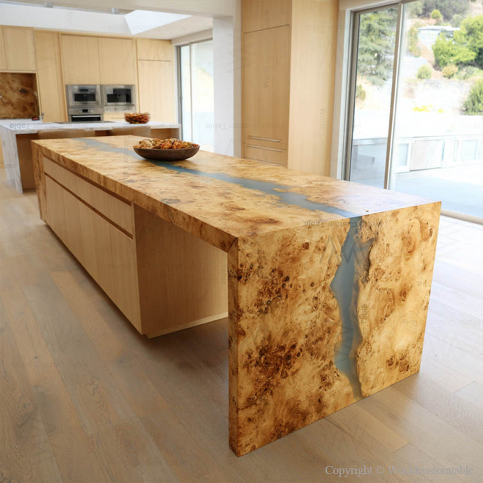 Close up of handcrafted epoxy waterfall edge and wood grain