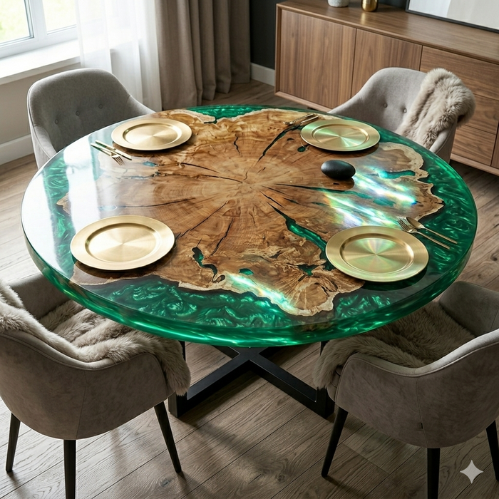 Handcrafted olive burl coffee table featuring a glossy green epoxy resin frame, unique natural grain