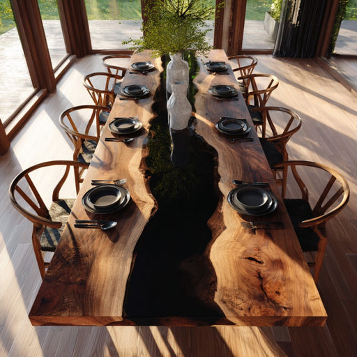 Dining table set with chairs in a bright room with large windows.