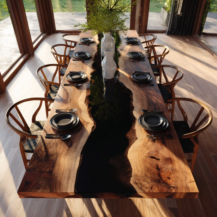 Dining table set with chairs in a bright room with large windows.