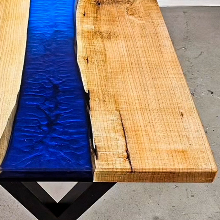 Handcrafted Oak Dining Table with Deep Blue Epoxy River