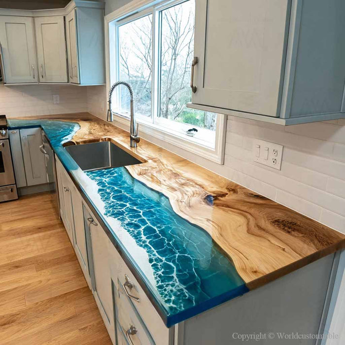 Handcrafted ocean wave epoxy walnut kitchen island, one-of-a-kind coastal kitchen statement piece
