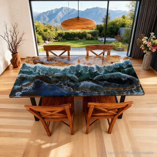 Handcrafted ocean resin table combining natural wood and luminous blue epoxy, perfect for boutique restaurants and interior studios.