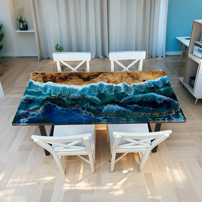 Handcrafted ocean resin table combining natural wood and luminous blue epoxy, perfect for boutique restaurants and interior studios.