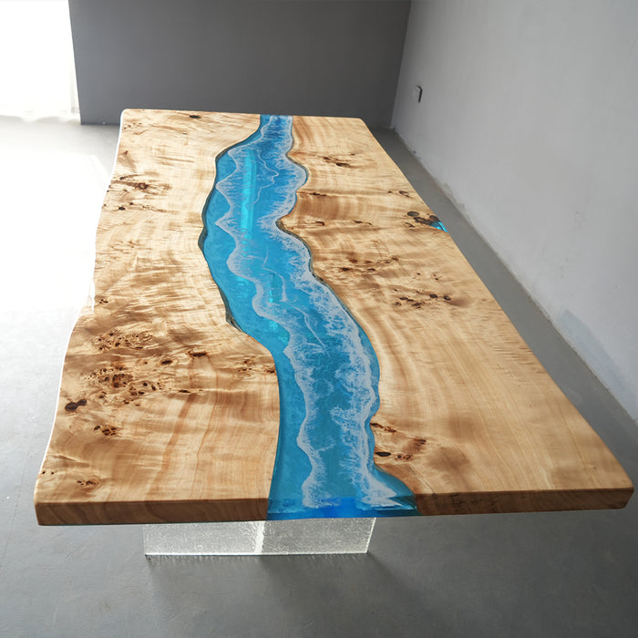 Handcrafted poplar wood resin table with ocean wave design, fits 6-8 diners comfortably.
