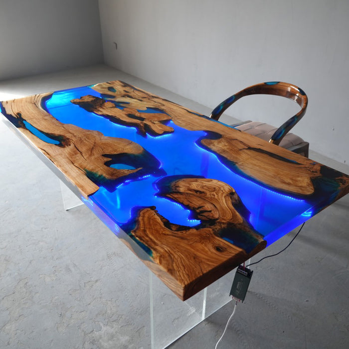wooden blue epoxy led resin table for dinning & living spaces in colorado