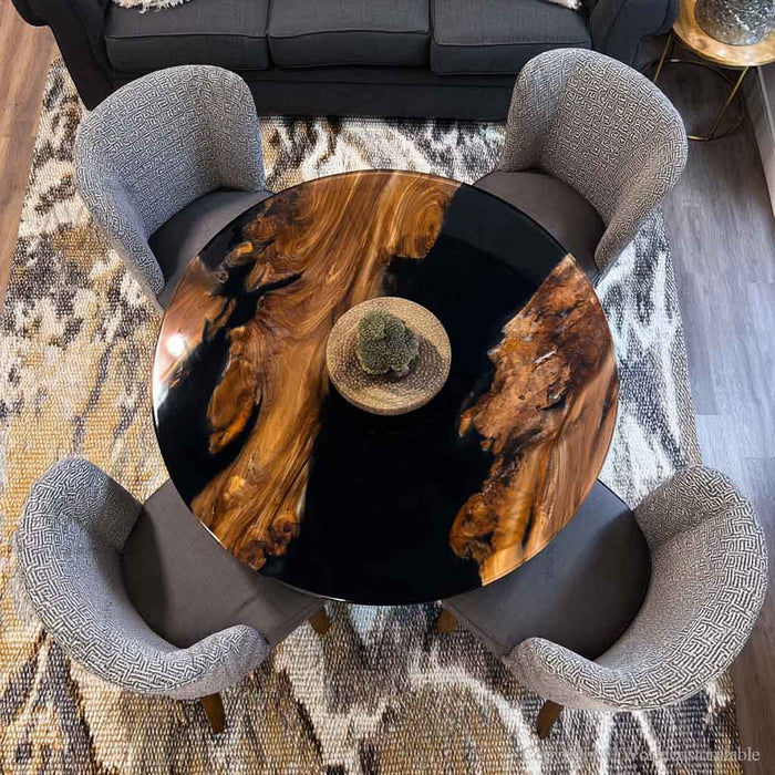 Handcrafted olive wood epoxy coffee table close up detail