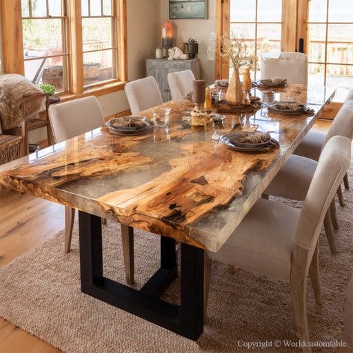 Handcrafted olive wood epoxy dining table top view
