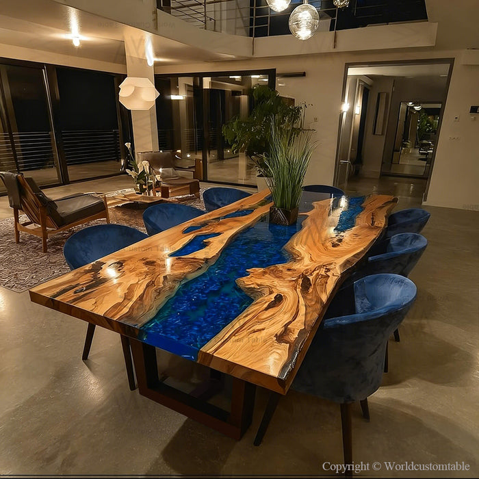 Live edge olive wood epoxy dinning table with blue river