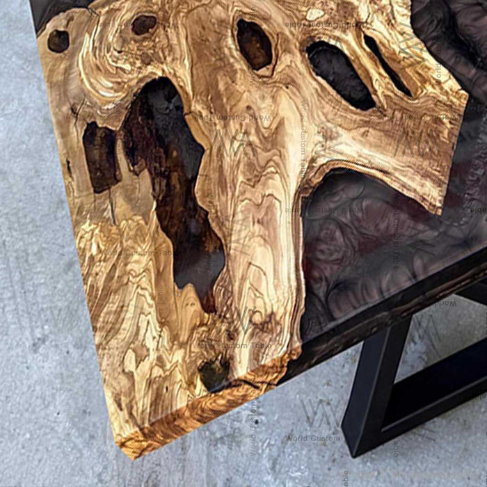Handcrafted olive wood epoxy table in a luxury dining room