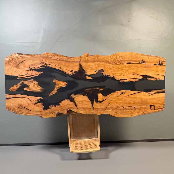 Wooden table with a natural, organic design on a plain background