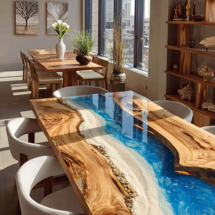 Dining room with a unique wooden table featuring an embedded river design.
