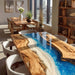 Dining room with a unique wooden table featuring an embedded river design.