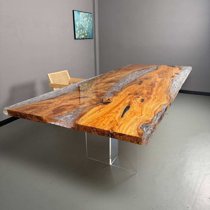Handcrafted olive wood epoxy dining table with natural grain