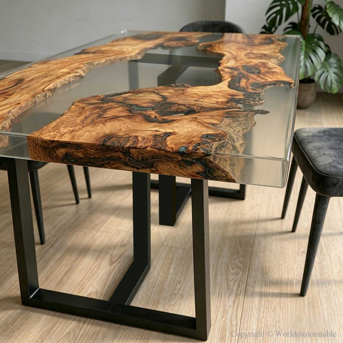 close up view of handcrafted olive wood and resin table surface