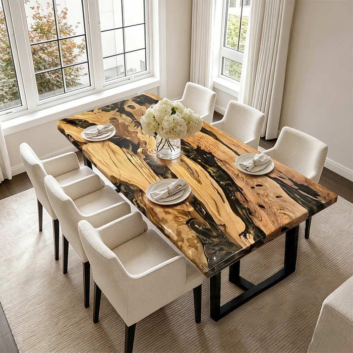 Handcrafted olive wood resin table placed in a modern dining room with soft neutral tones.