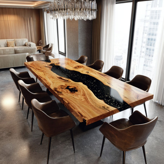 Modern dining room with a long wooden table and chairs in a stylish interior.