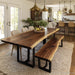 Wooden dining table with bench in a modern kitchen setting