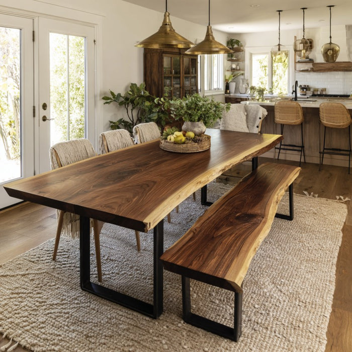 Wooden dining table with bench in a modern kitchen setting