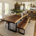 Wooden dining table with bench in a modern kitchen setting