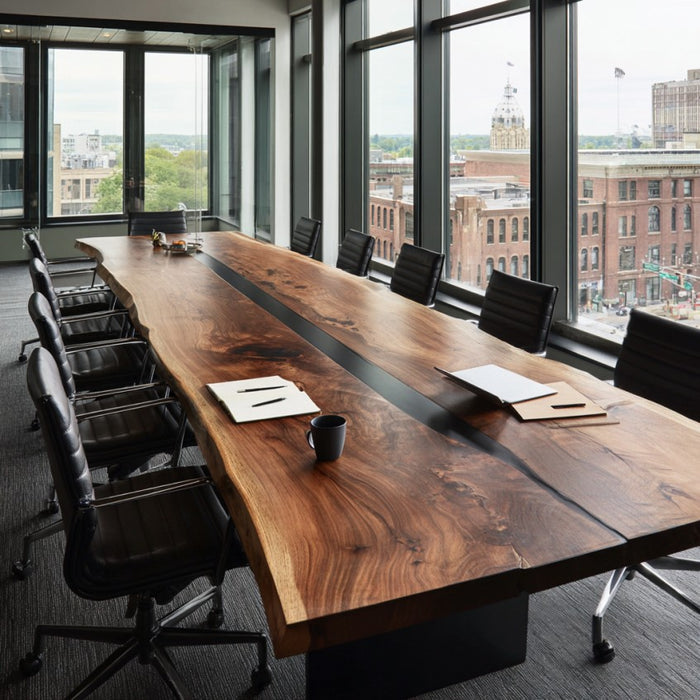 Long wooden conference table in a modern office with large windows overlooking a cityscape.