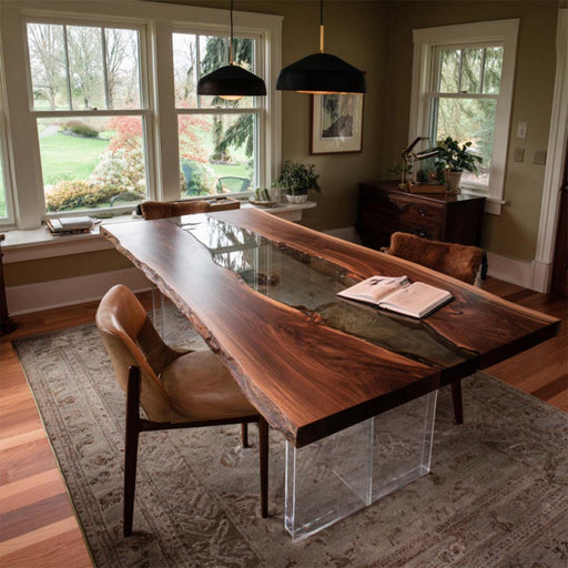 Wooden dining table with clear acrylic legs in a room with large windows.