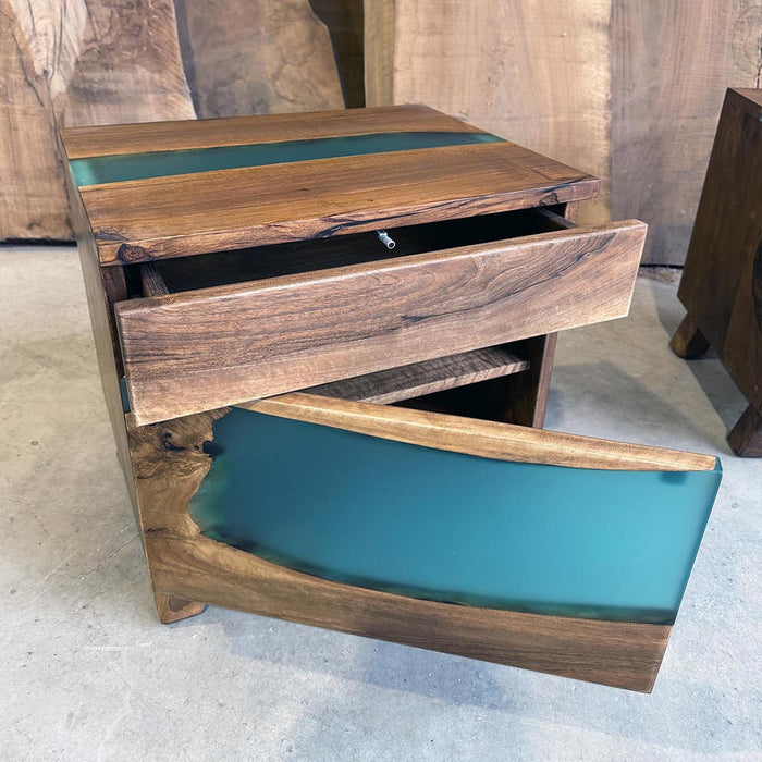 Handcrafted walnut epoxy bedside table in modern style.