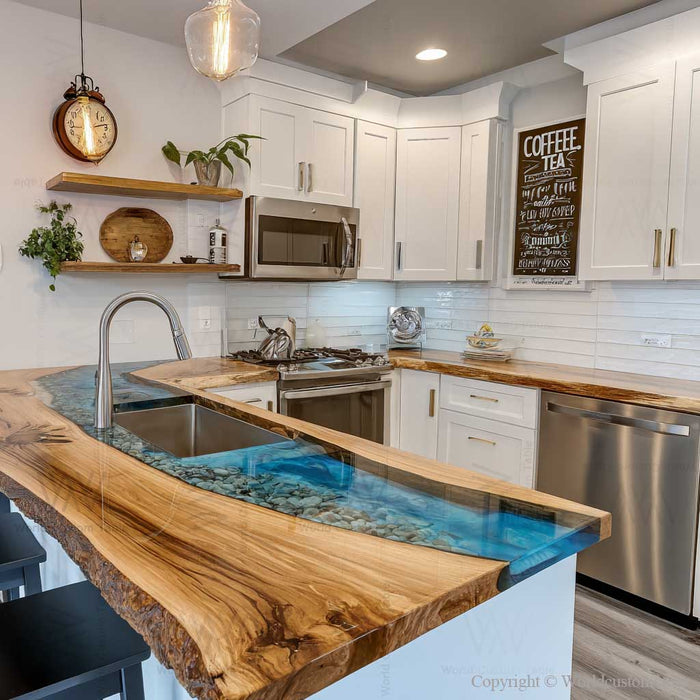 Side profile of handcrafted walnut epoxy countertop showing live edge and resin flow