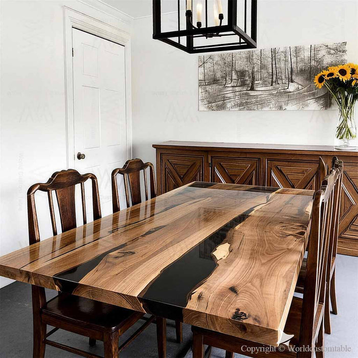 Handcrafted walnut epoxy dinning table for home interior