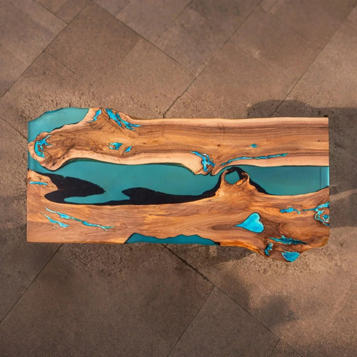Handmade walnut river table with aqua blue resin accents