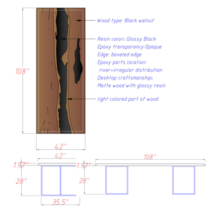 Close-up detail of handcrafted walnut and black resin surface