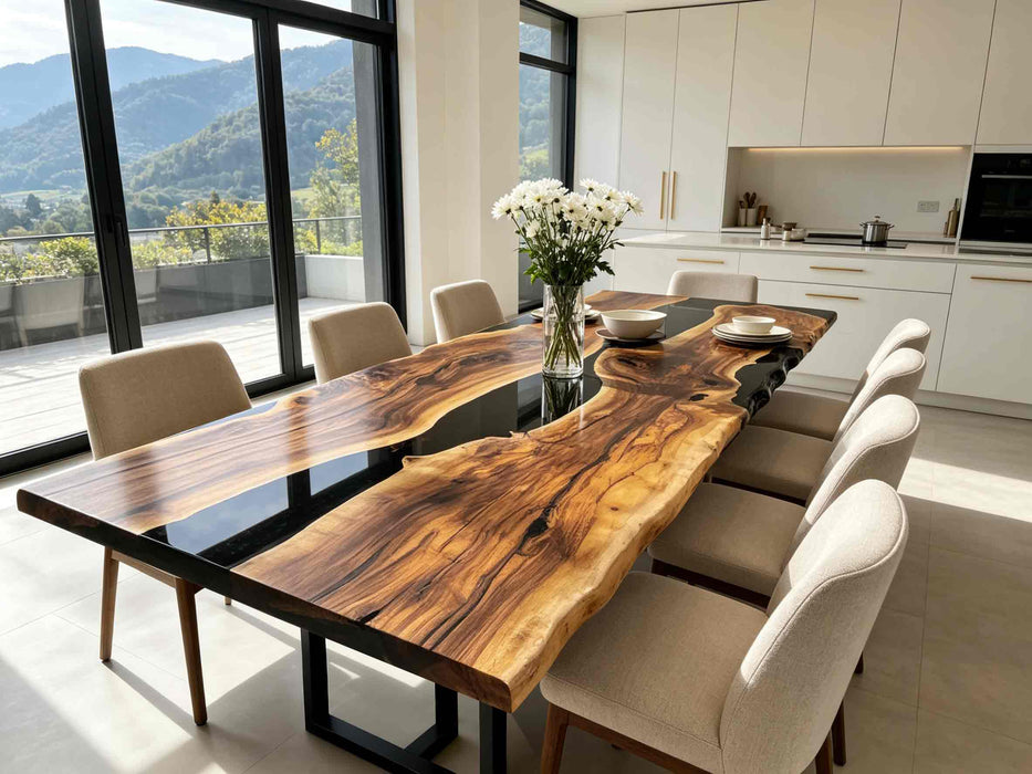 Handcrafted walnut epoxy resin table with unique wood grain