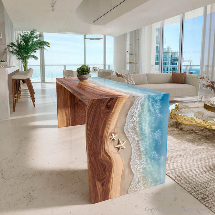 Handcrafted walnut epoxy waterfall table for modern office space