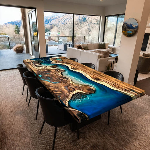 Modern living room with a unique wooden dining table featuring a blue resin design.
