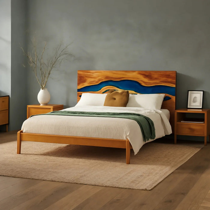 Wooden bed with artistic headboard in a bedroom setting