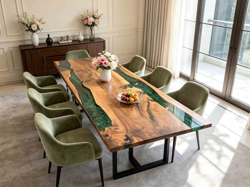 Handcrafted walnut wood epoxy river table with vibrant green resin, a statement piece for modern living spaces.