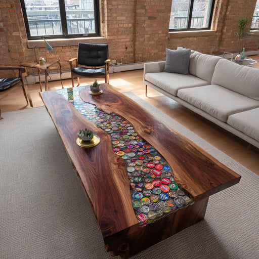 Wooden coffee table with colorful embedded stones in a living room setting