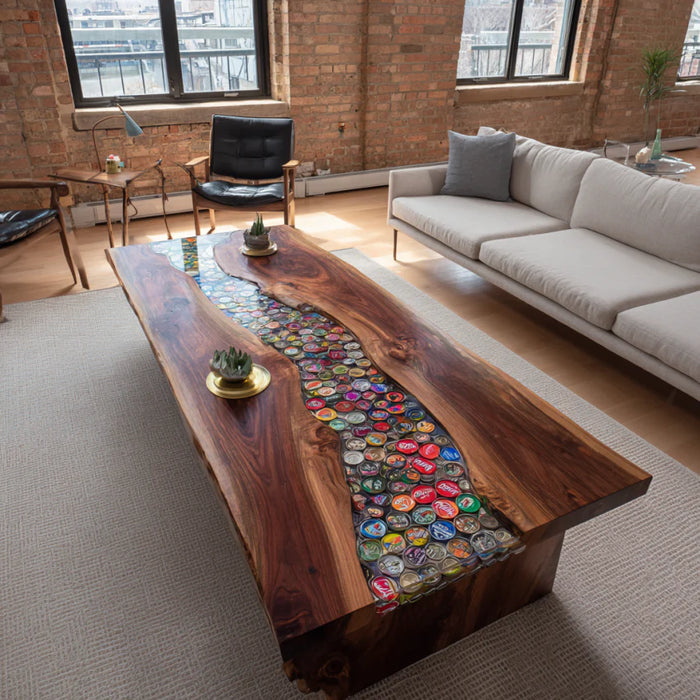 Wooden coffee table with colorful embedded stones in a living room setting