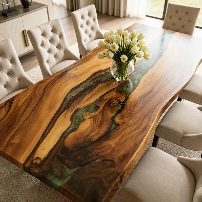 Alt Text
Handmade walnut river table with green epoxy resin for custom dining space