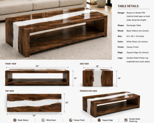 Handcrafted white resin epoxy coffee table next to modern sofa