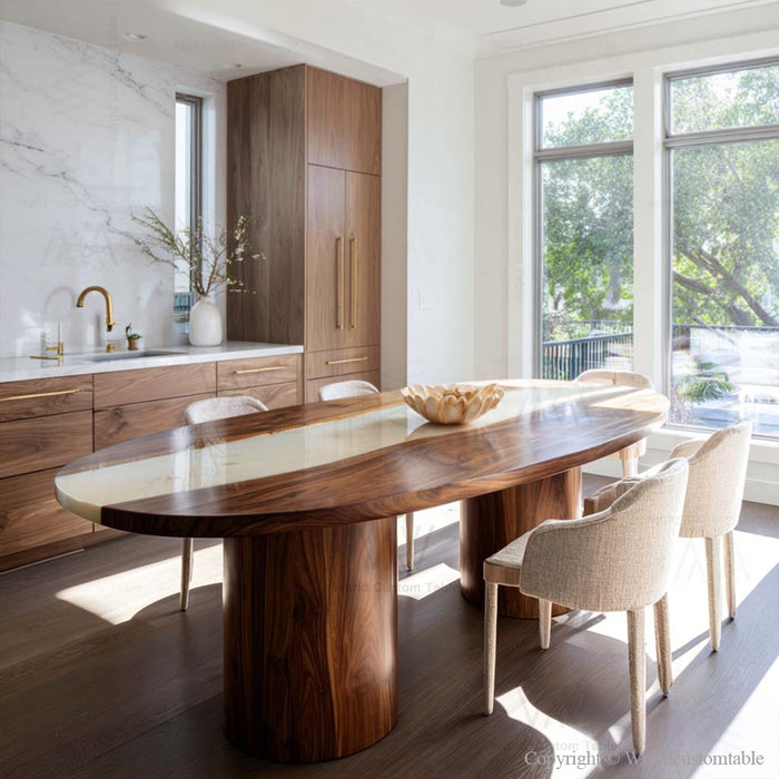 Artisan crafting a handmade black walnut epoxy dining table in a workshop in the USA