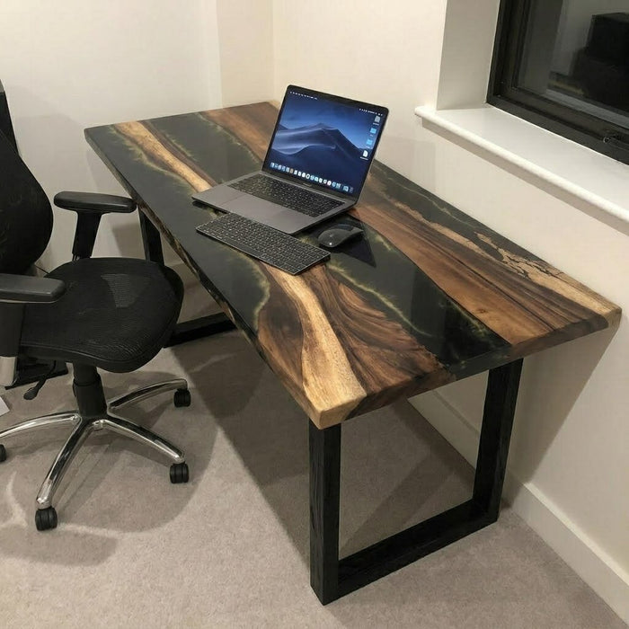 Handcrafted premium black walnut and epoxy resin furniture for high-end offices.