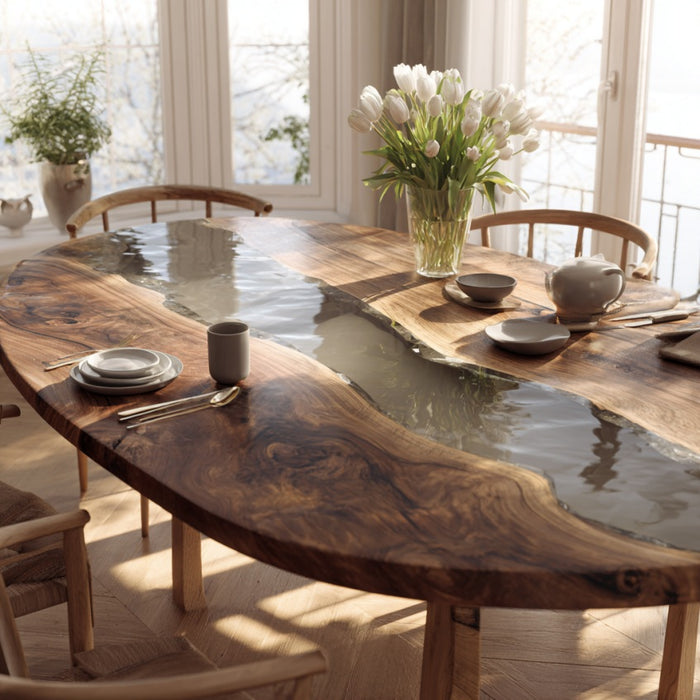 Wooden dining table with a glass centerpiece and chairs in a bright room.